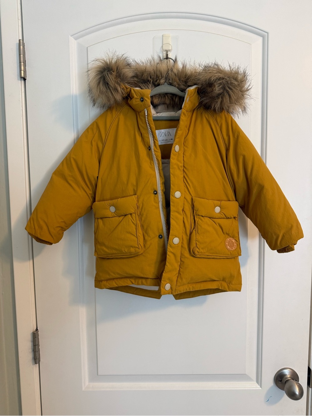 Zara Kids Mustard Yellow Puffer Jacket with Faux Fur Hood